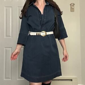 Lafayette 148 S Dark Blue Denim Tunic Mini Dress Collared Button Up Pockets